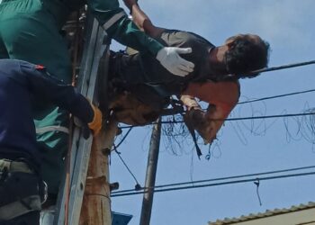 UN HOMBRE QUEDA PEGADO EN UN POSTE DE LUZ CUANDO TRATO DE PONER LA Electricidad de Contrabando