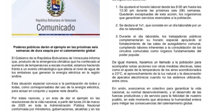 El Gobierno de Venezuela informó que la administración pública aplicará un horario especial durante seis semanas como parte de un plan de ahorro energético.