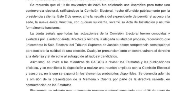 Comunicado Oficial de CAICOC nueva Junta Directiva 2026-2027.