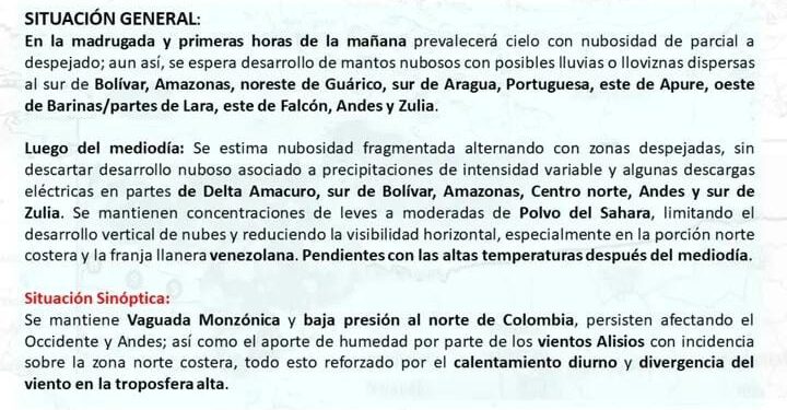 Inameh pronostica lluvias dispersas y altas temperaturas para este Jueves