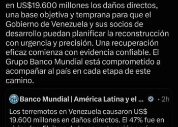 Susana Cordeiro Guerra, Vicepresidenta del Banco Mundial para América Latina y el CaribeLos terremotos en Venezuela causaron US$ 19.600 millones en daños directos….